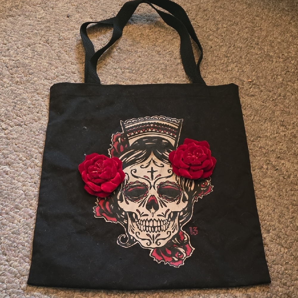 Black Skull Tote Bag with Red Floral Accents